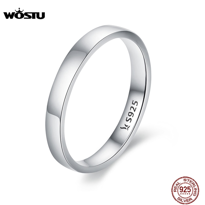 Wostu Solid Pure 925 Sterling Zilver Eenvoudige Vinger Ring Voor Vrouwen Hoge Gepolijst Classic Band Ringen Bruiloft Sieraden CQR343