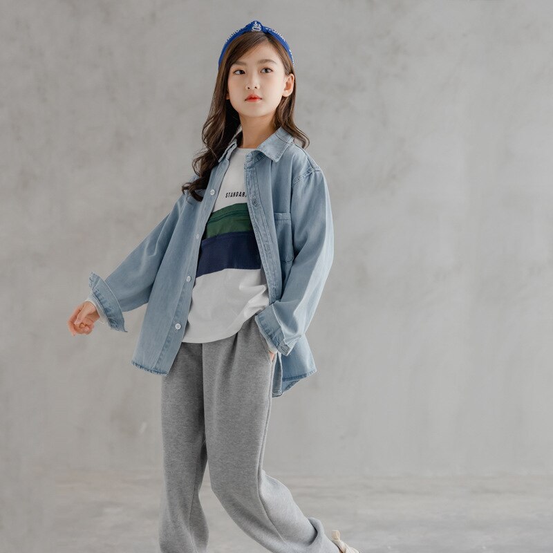 Blusa de manga larga para niña adolescente, camisa azul vaquera a la para niño, Tops holgados informales que combinan con todo, prendas de vestir exteriores 12 13 14 años