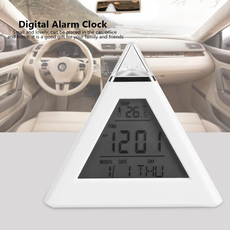 Digital Alarm Clock Small LCD Pyramid Alarm Clock 7 Color Changing Desktop Table Clock Thermometer with Snooze Function