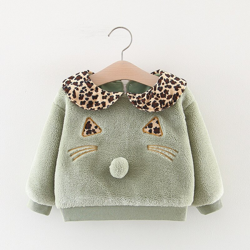 Vinter varm bebis flickor tecknad katt leopard kavajkrage förtjocka fleece sweatshirts barn barn huvtröjor ytterkläder