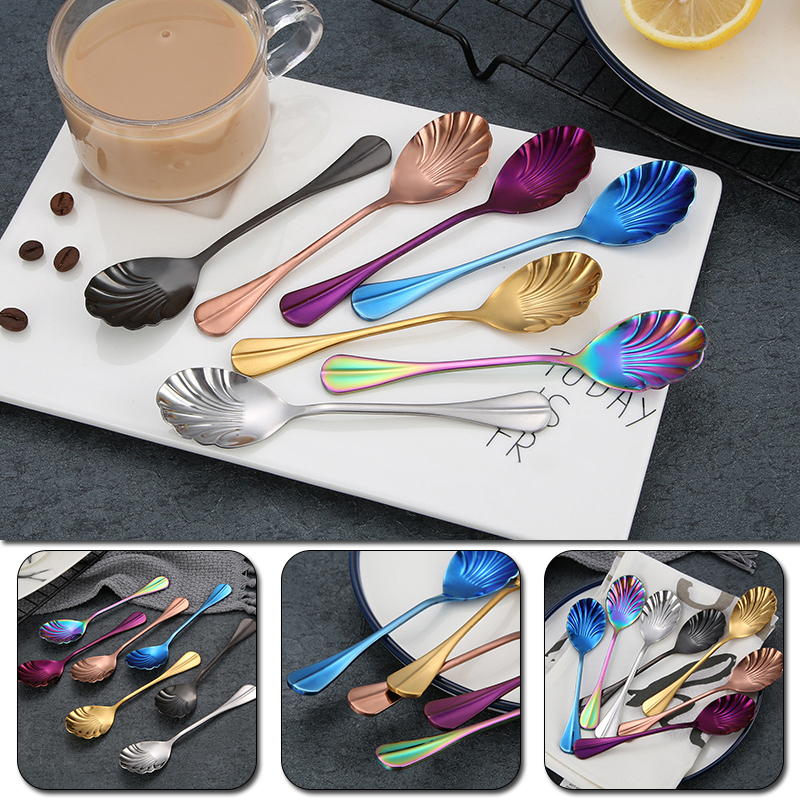 Shell Shape Stainless Steel Spoon With Long Handle Coffee Spoons Teaspoons Ice Cream Dessert Spoons Kitchen Bar Accessories
