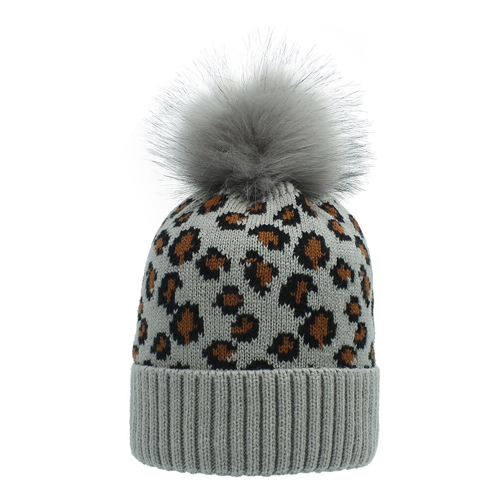 Gebreide luipaard mutsen dames pompon pompom wintermuts met pompon muts pompons voor muts imitatiebont casual warme gebreide muts muts: Lichtgrijs