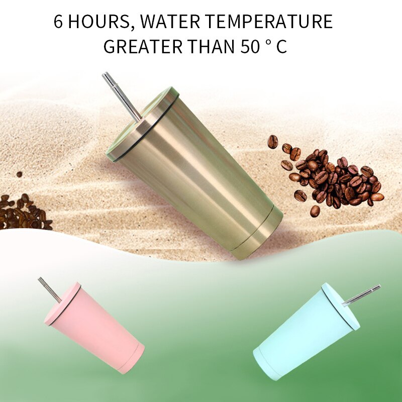 500ml Stainless Steel Coffee Mug With Lid Beer Mugs For Tea Cup Metal Cup Drink Straw Drink Straw Travel Cups for Home