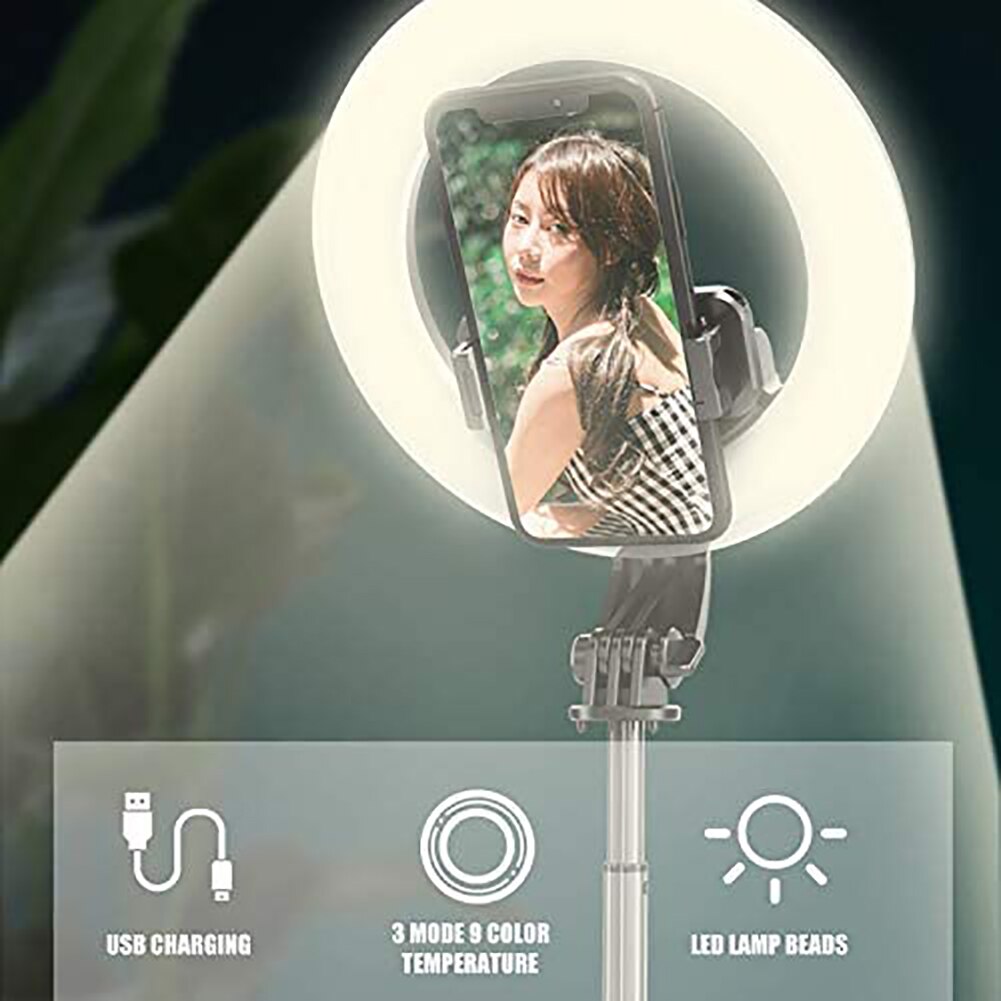 Collapsible LED Ring Lamp Telescopic Selfie Stick Fill Light Dimmable Mobile Phone Ring Lamp with Stand Tripod for Makeup Video