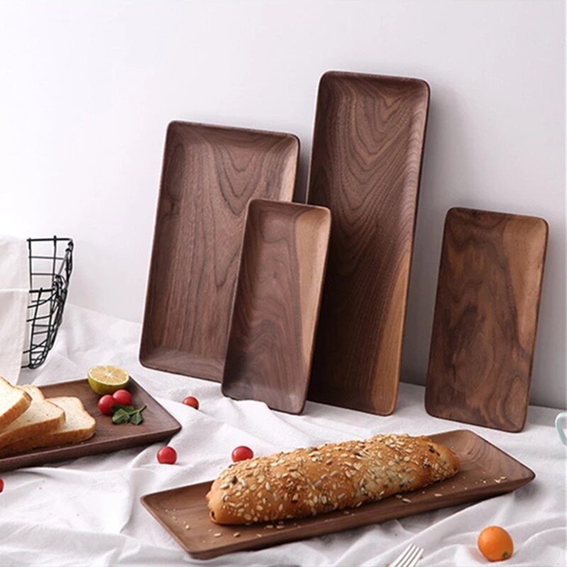 Rectangle Black Walnut Wood Pan Plate Fruit Dishes Bread Wood Plate Saucer Tea Tray Dessert Dinner