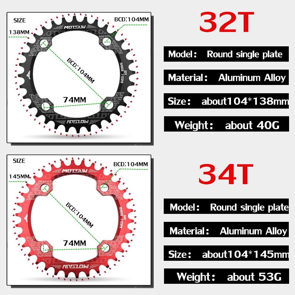 Motosuv redondo estrecho ancho motoring MTB bicicleta de montaña bicicleta 104BCD 32T 34T 36T 38T plato de dientes partes 104 BCD