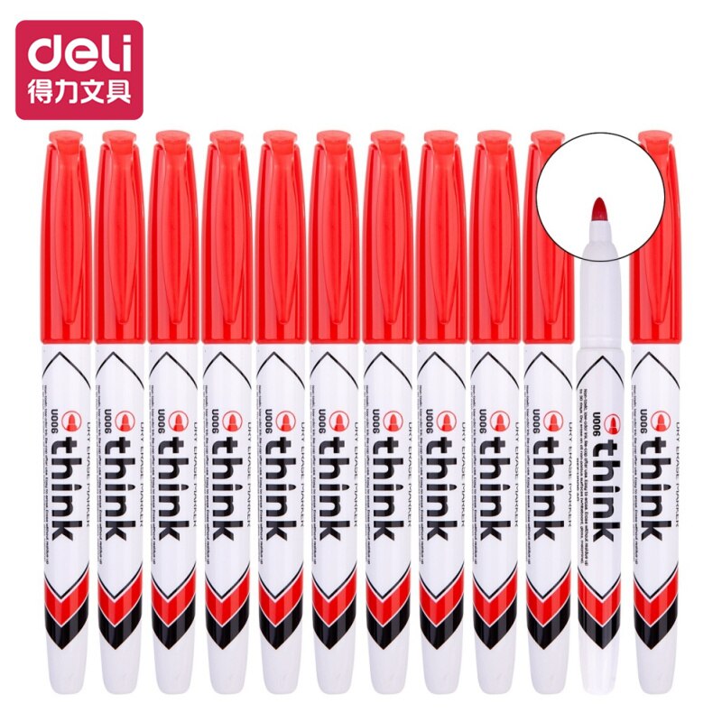 Deli 12pcs/box Whiteboard Pen Erasable Thick Head Large Writing Pen Glassroom Whiteboard Water Marker Meeting Office Stationary: Red