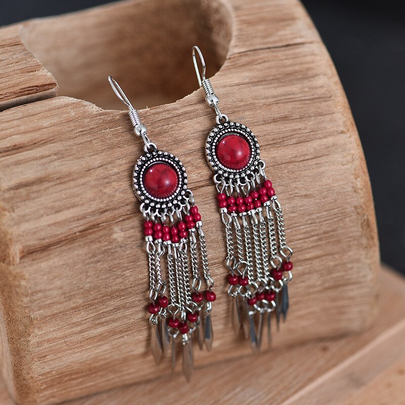 Boho Jewelry Long Chain Tassel Dangle Earrings Brincos Stone Beads Female Earrings Silver Color Jhumkas indian Unique Jewellery