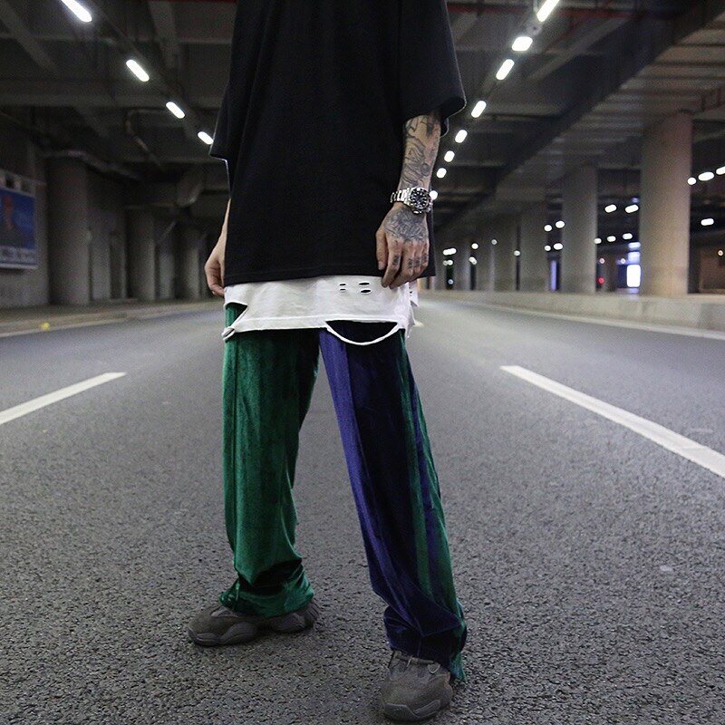 Bunn glidelås fløyel bukser med brede ben herre side skjøtet stripe rett bukse løs tilfeldig elastisk midjebukser hip hop streetwear