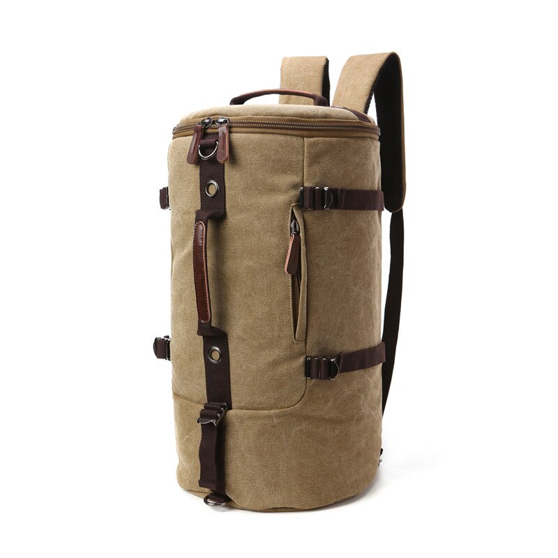 Sac à main cylindrique en toile de grande capacité, rétro à trois usages, voyage d&#39;affaires, sac à bagages diagonal: Khaki