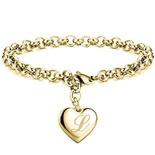 Bracelet avec lettres de l'alphabet en acier inoxydable, 26 lettres, breloque initiale, couleur or, pour femmes et filles, pour enfants: L