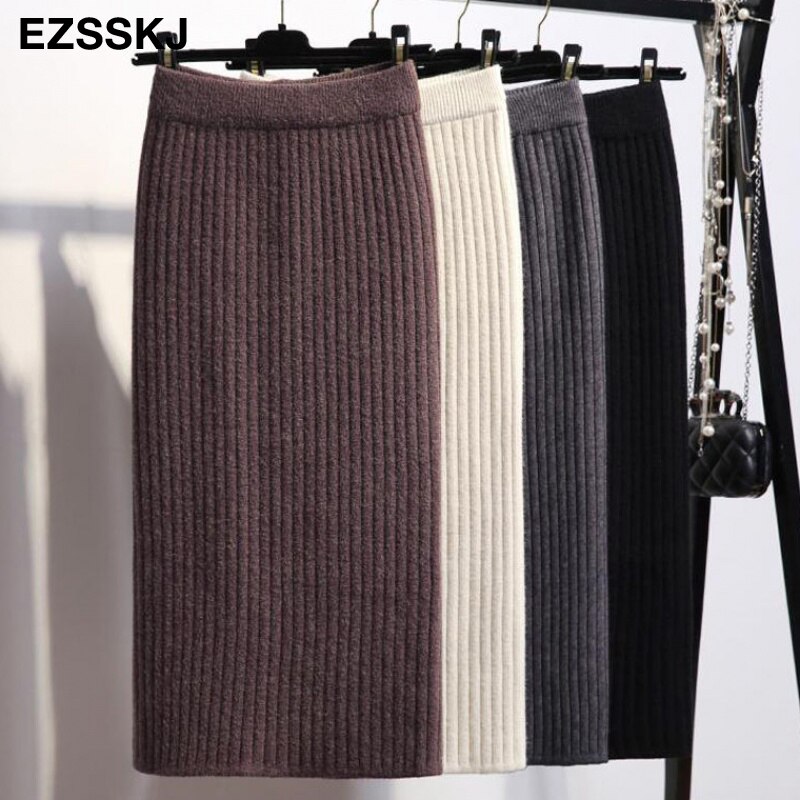 Faldas de mujer de banda elástica de 60-80CM, Falda recta de punto cálida de otoño e invierno, falda negra medio larga acanalada