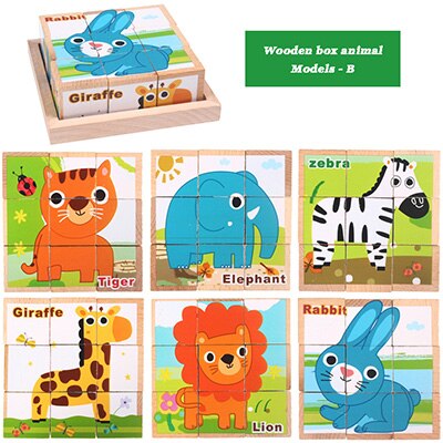 9pcs 6 lato giocattolo Del Bambino 3D Del Fumetto di Legno Tagliere blocco blocco blocco di cubi di Legno di Frutta Animale Traffico giocattoli Educativi per regalo dei bambini: Animal 2