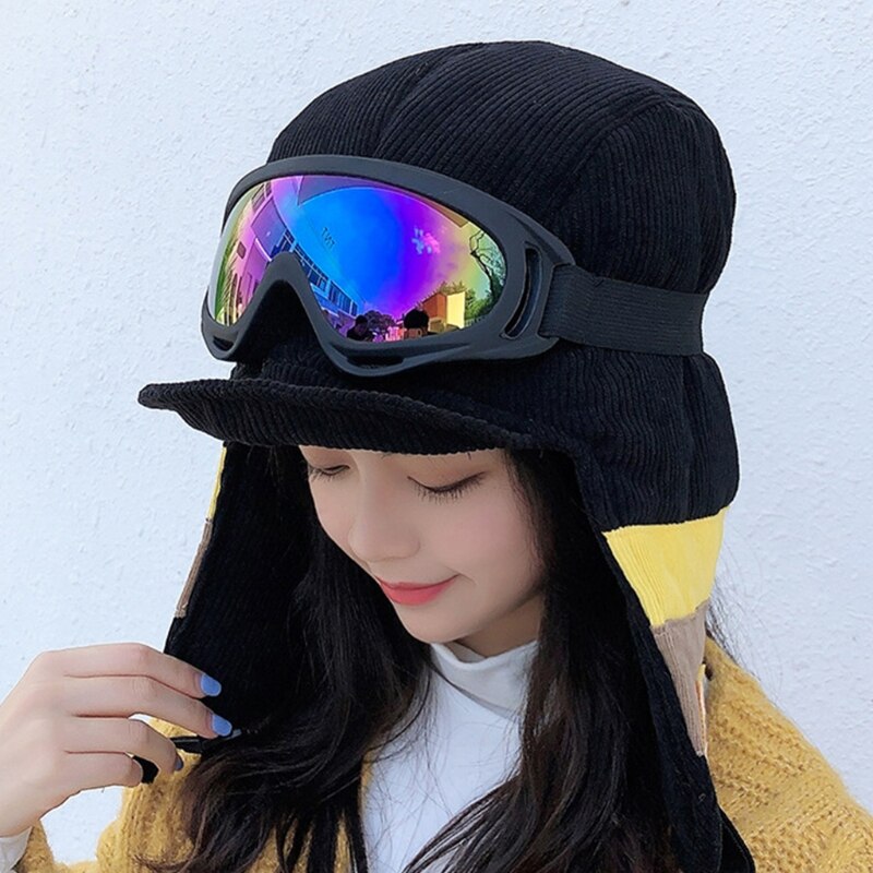 Gorra de cazador de soldado de terciopelo para mujer, gorro Reversible con gafas desmontables, a prueba de viento, a rayas de bloque de color, con orejeras