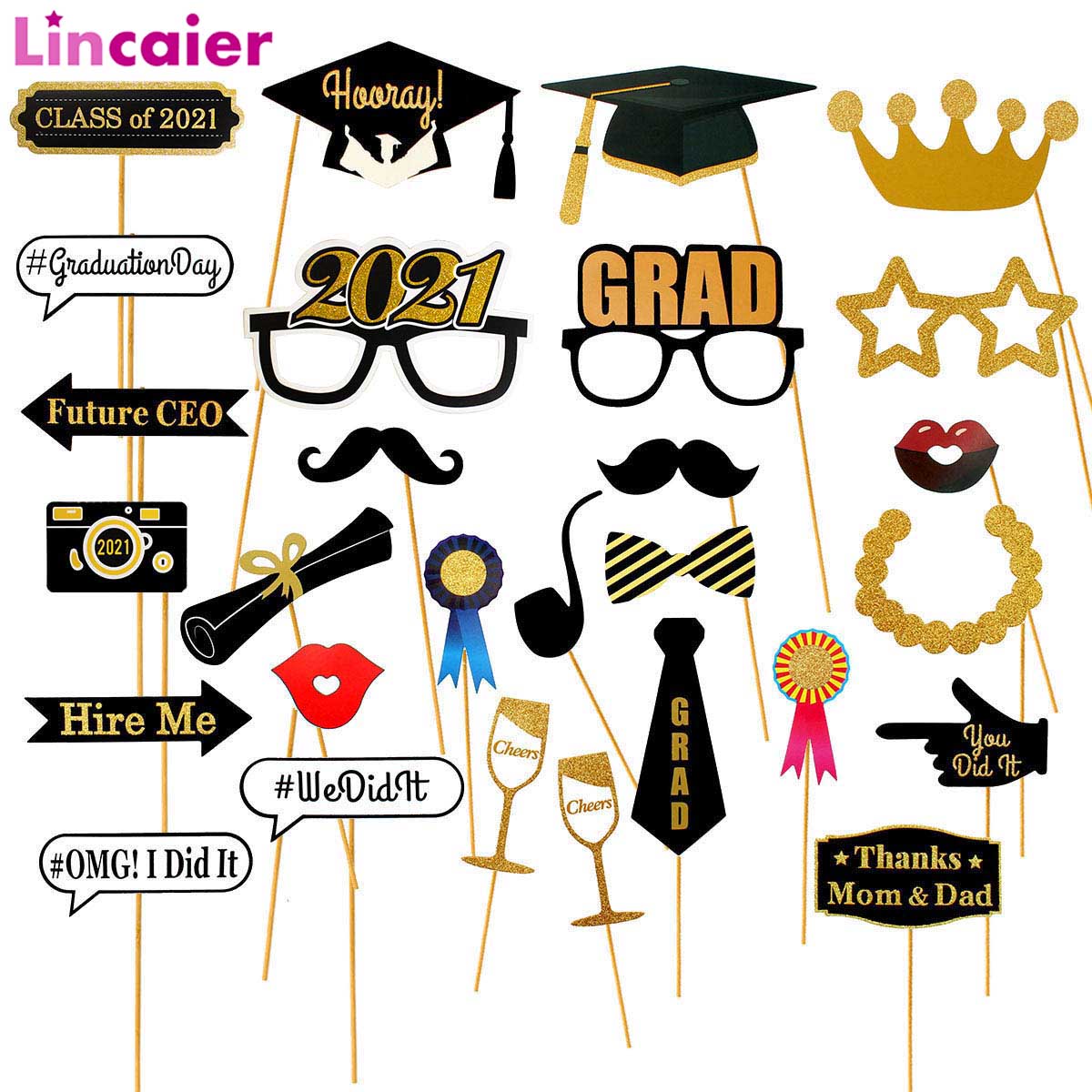 28pcs Paper Photo Booth Props Graduation Party Decoration Photobooth Bachelor Cap Grad Congrate Graduated Supplies