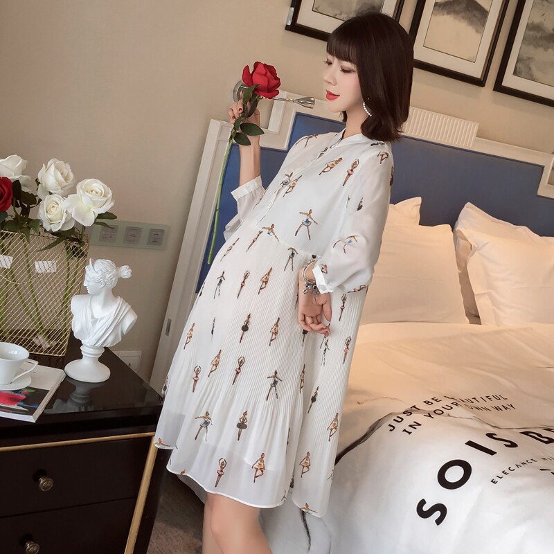 Robe de maternité plissée en mousseline de soie pour femmes enceintes, ample, imprimée, longues Blouses de grossesse, printemps et automne
