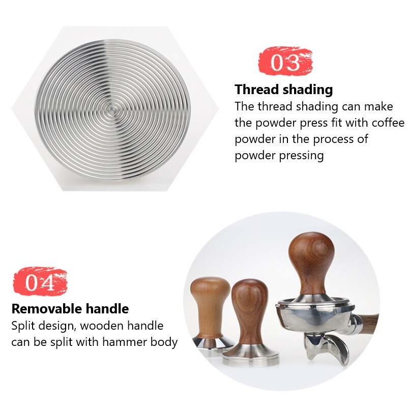 Stainless Steel Coffee Powder Presser Wooden Handle Thread Flat Bottom Powder Press Coffee Machine Powder Press Hammer Tampers