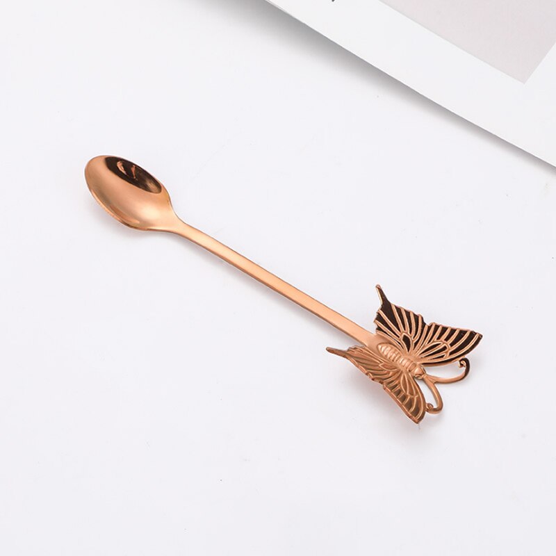 Cuillère à café en acier inoxydable 304, cuillère à café pour Dessert au sucre plaqué or, fourchette à fruits, polissage miroir poignée papillon, vaisselle 1 pièce: Rose Gold Spoon