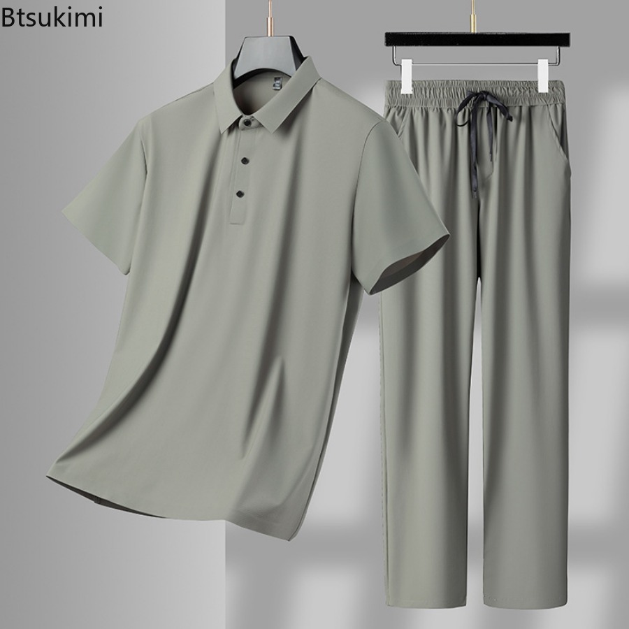 Conjunto informal de para hombre, ropa deportiva transpirable de seda de hielo, camiseta Polo de manga corta y pantalones, chándales, Verano