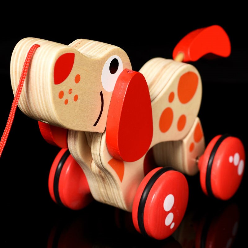 1 stücke Holz tier Pull auto rad spielzeug Canine Puppy hund puzzle kleinkind baby walking tails wedelt klettern spielzeug für kleinkind