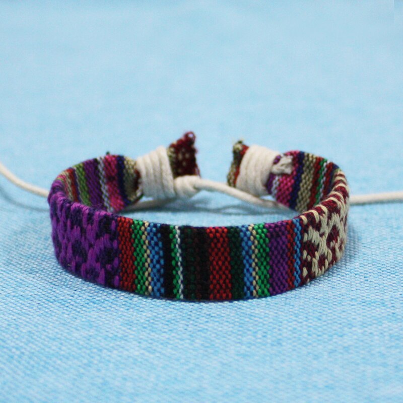Pulsera Bohemia hecha a mano de estilo étnico para mujer, brazalete de tela trenzada de algodón con patrón étnico, pulseras tejidas bohemias: Violet