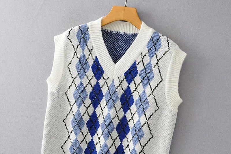 Casual Argyle Cropped Sweater Vest Women Sleeveless Knitted Pullover Ladies V Neck Preppy Style Plaid Tank Jumpers Autumn Winter