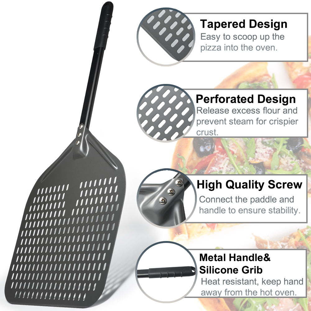 SHANGPEIXUAN 12" Hard Anodized Pizza Peel with Pizza Turning Shovel Set Perforated Rectangle Aluminum Pizza Peel Silicone Handle