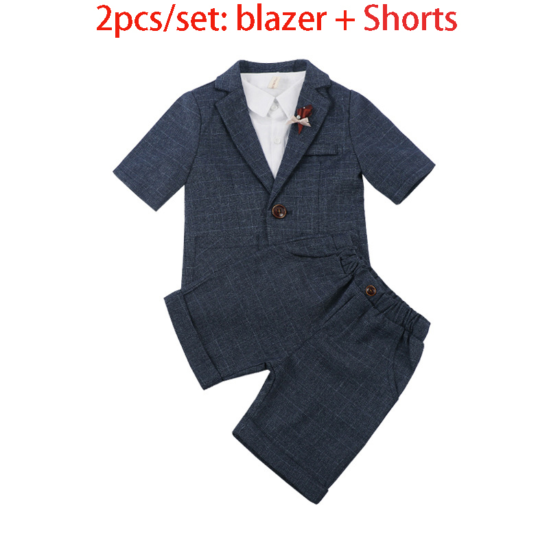 Sommar formella kostym set blomma pojkar kortärmade kavaj shorts outfits barn stilig bröllopsfest prestanda kostym: Blå 2 st / 24m