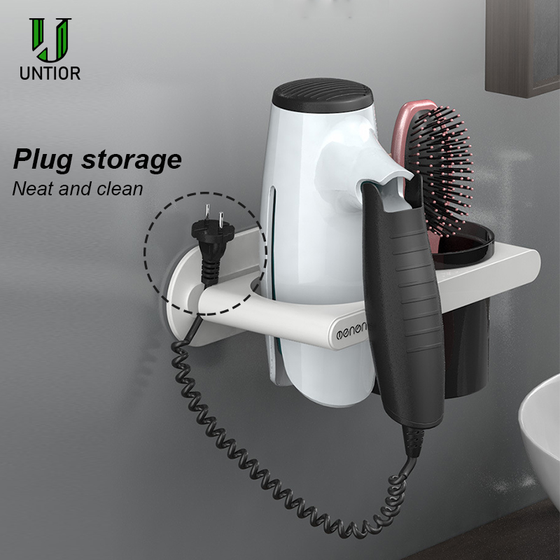 UNTIOR Plastic Föhn Houder met Storage Cup Wall Mount Föhn Plank Opslag Nail Gratis Slaapkamer Badkamer Accessoires Set