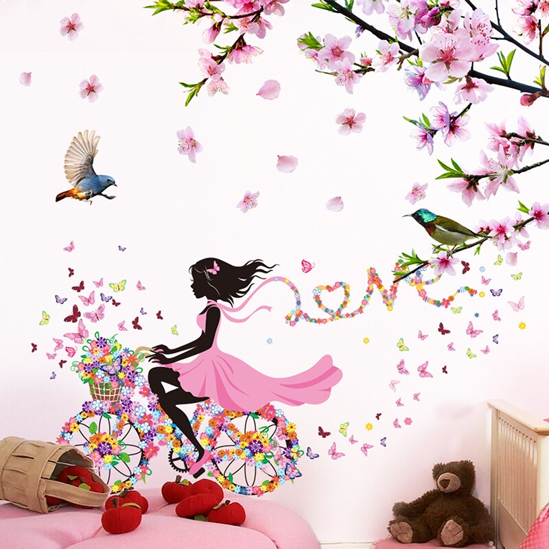 [SHIJUEHEZI] pegatinas de vinilo para dibujo de cuento de hadas para pared de niñas, pegatinas para Mural de bicicleta de mariposas DIY para decoración de habitaciones de niños y bebés: girl and flower5