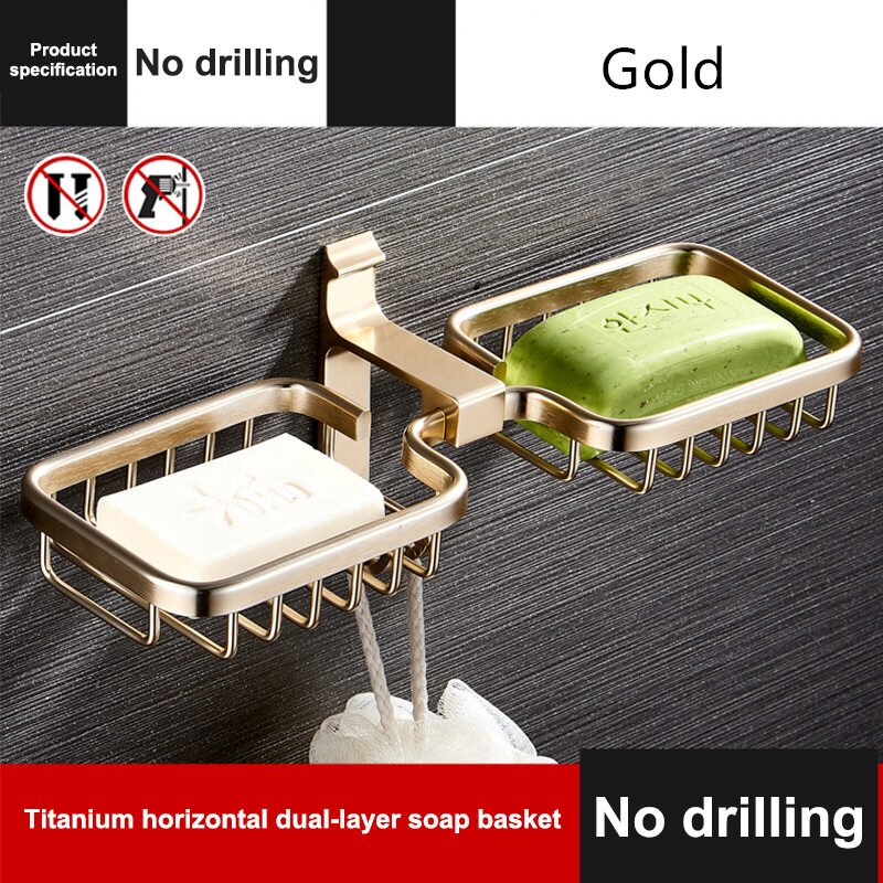 Soap Dish Bathroom Soap Holder Tray Aluminum Soap Rack Shelf Wall Mounted Accessories Shower Plate Storage Basket: Gold