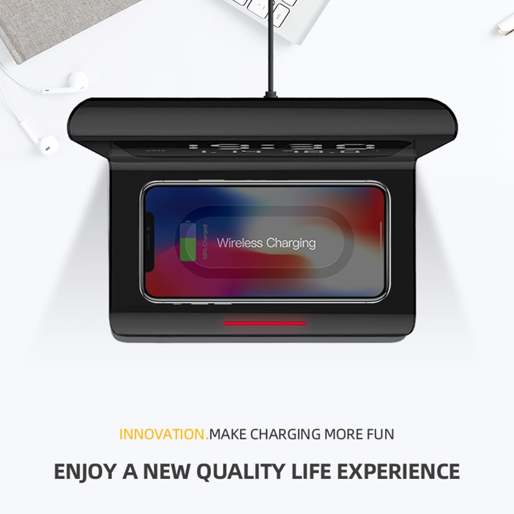 Trådløs oplader digitalt vækkeur 10w qi hurtigopladningsplade desktop home decor termometer kalender til iphone samsung