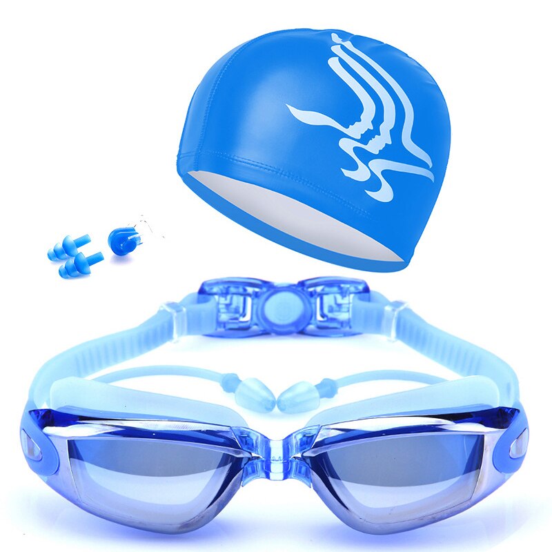 Zwemmen Bril Set Anti-Fog Verstelbare Zwemmen Goggle Met Zwemmen Hoed Waterdicht Anti-Fog Uv Bescherming Bril Hoed: Blue