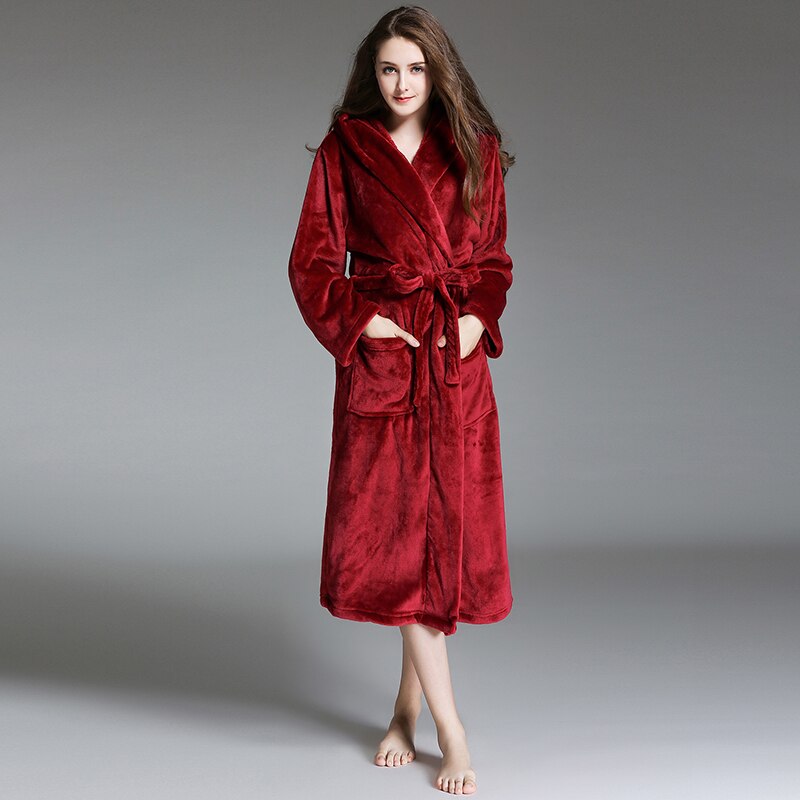 Velvet Couple Bathrobe Hooded Daily Flannel Pajamas For Women Men Casual Pijamas Nightwear Lounge Sleepwear: red / M