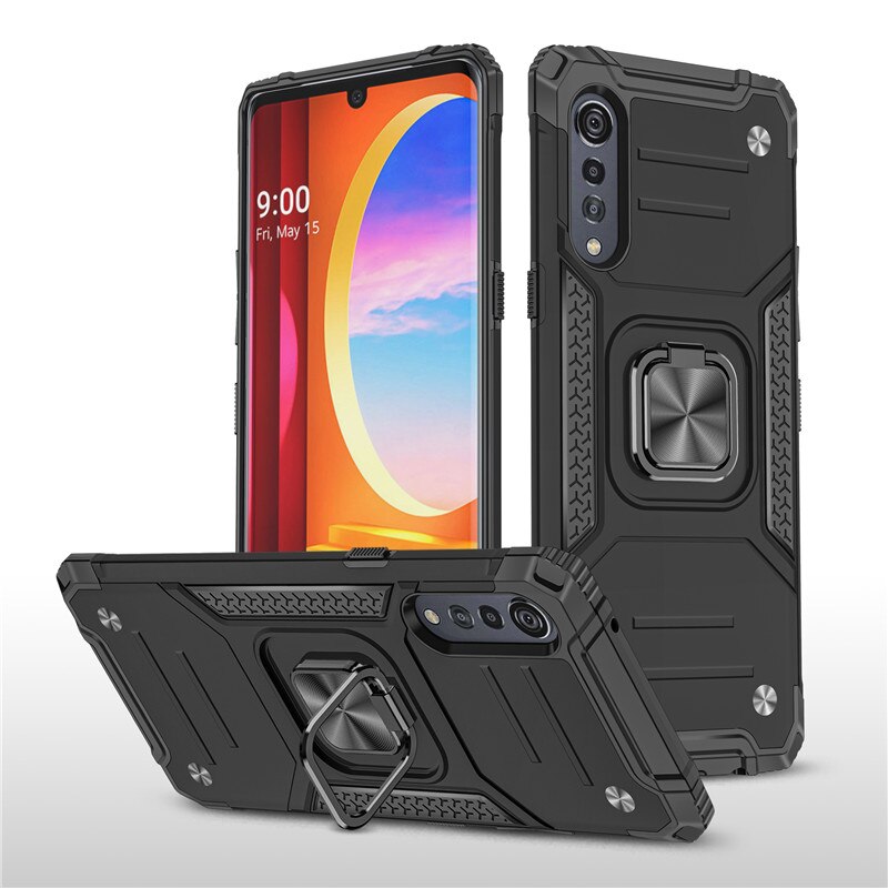 Odporne na wstrząsy etui na LG Velvet 5G 4G luksusowy zderzak pancerna obudowa LG pierścień aksamitny 360 Protect tylna pokrywa dla LG Velvet Stand Fundas: Lg Velvet 4G / Black
