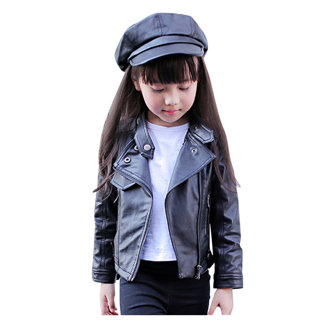Kids Girls Leather Jackets Black Spring Leather Jackets Kids Girls Boys Solid Coats Children Motorcycle Jackets Coats#G30: Black / 3T
