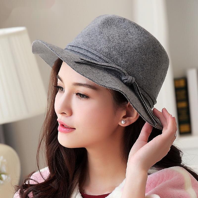 Lady 100% Wool Wide Brim Bucket Hat Woman Winter Felt Fedora 56-68CM: gray