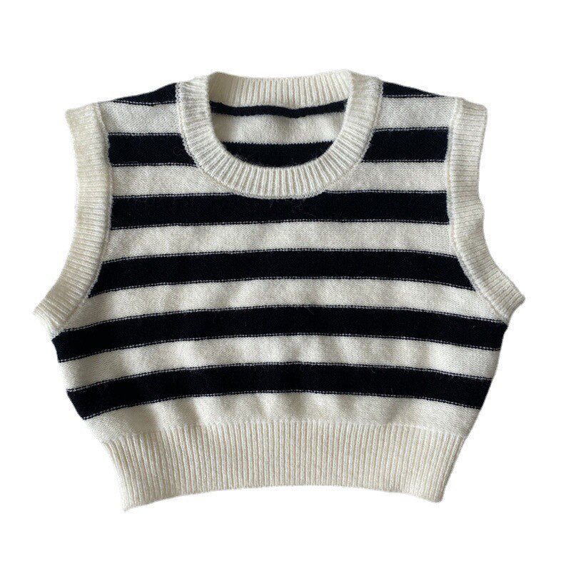 2022 frühjahr Neue Mädchen Stricken Weste Baby Schwarz Weiß Gestreiften Weste Kinder Ärmellose Pullover Kinder Stricken Kleidung 1-8 jahr