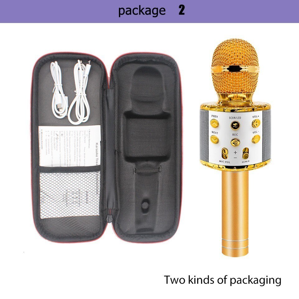 Ws858 L Wireless Karaoke Microphone Bluetooth Speaker Led Light Handheld Sing & Recording Portable KTV For IOS/Android Phone: gold-blackbox