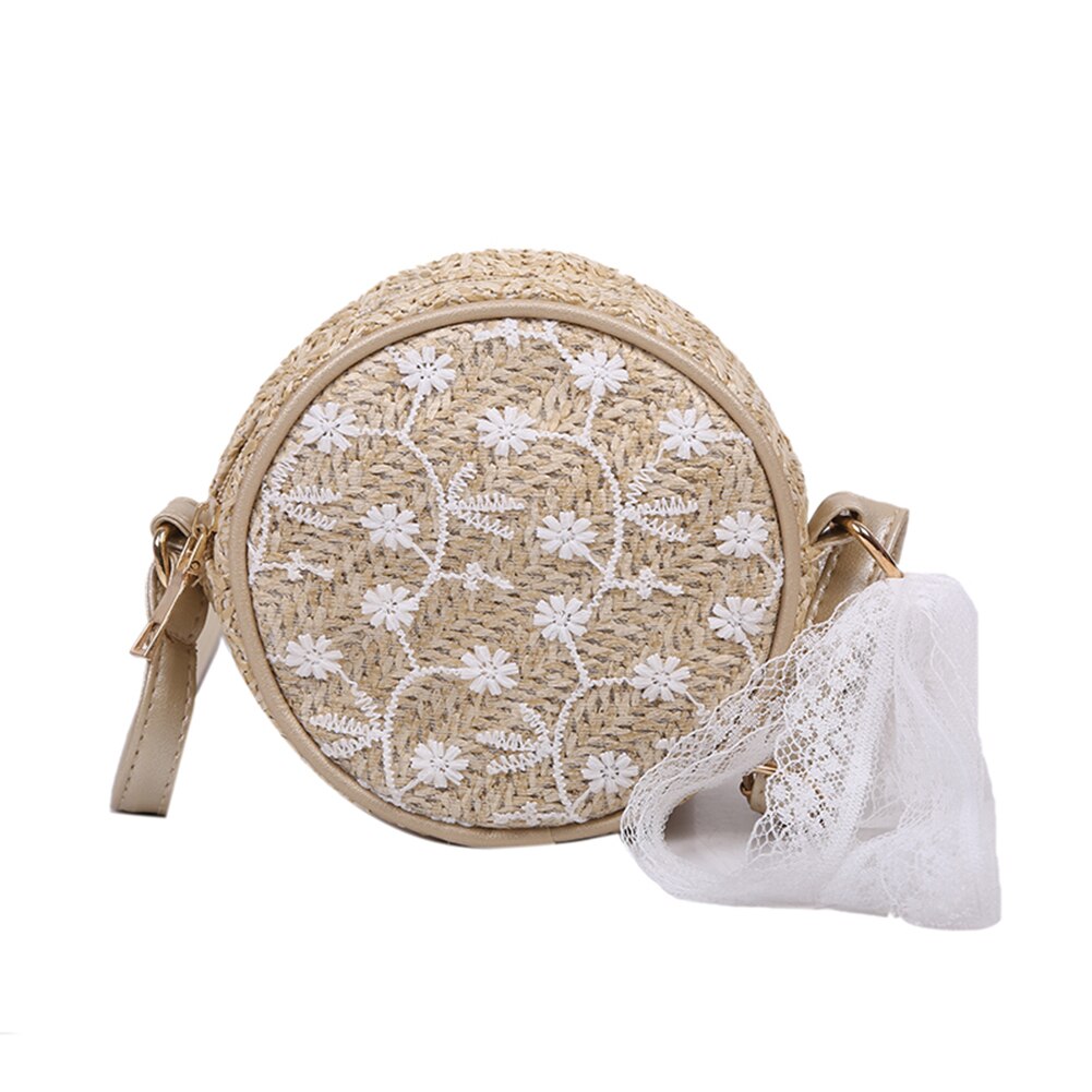 Casual dames vintage crossbody messenger bags voor mode zomer strandvakantie stro kant ronde schoudertassen: Kameel
