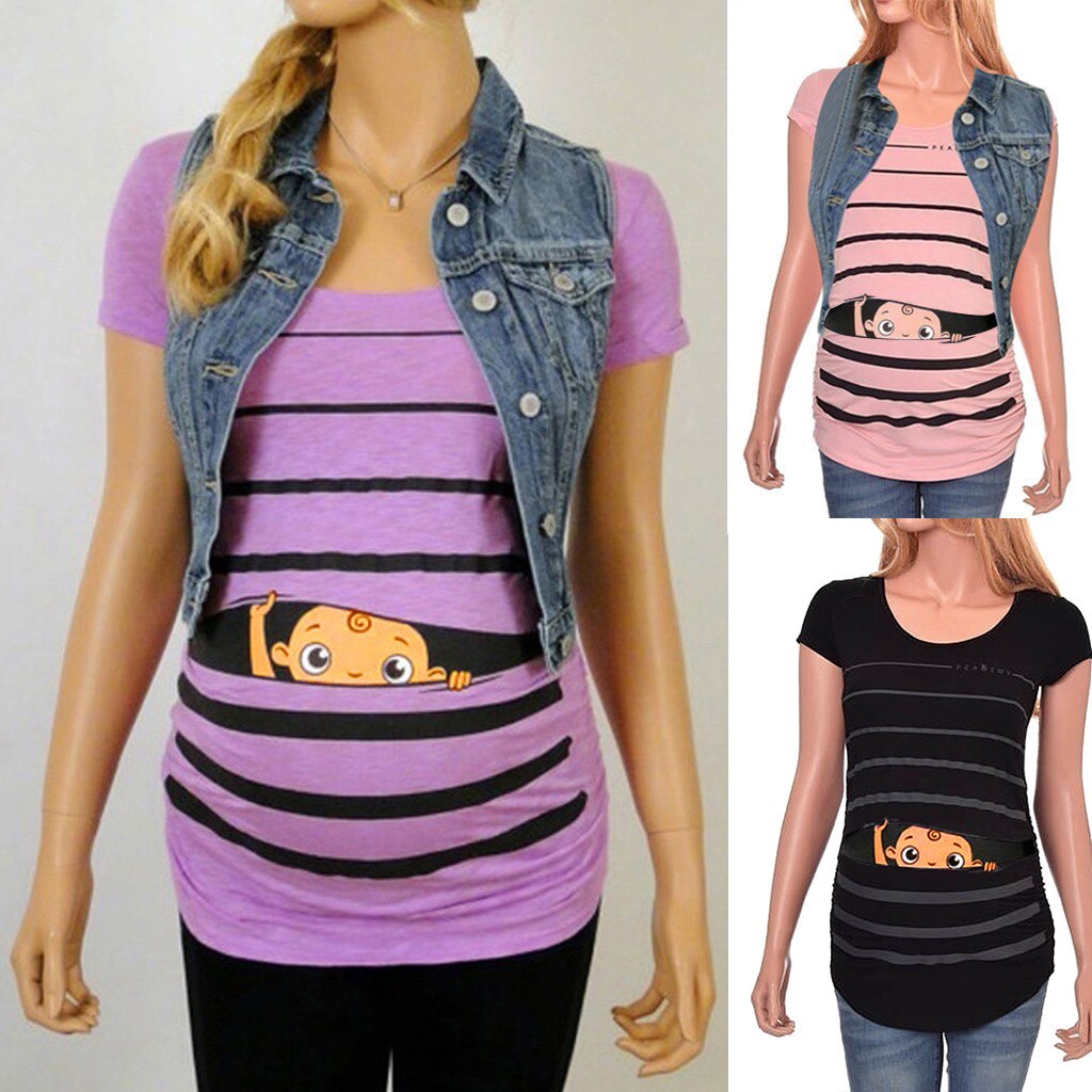 Mutterschaft T-Shirt Nette Lustige Baby Druck Gestreift Kurzarm T-Shirt Schwangere Spitzen Mutterschaft Oansatz Frauen Bluse Pflege oben