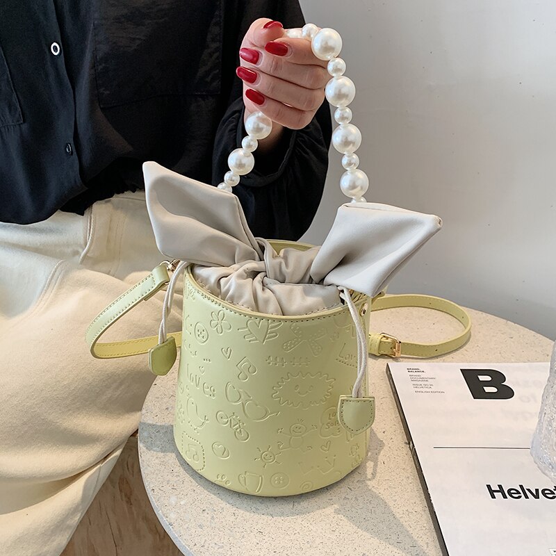 THREEPEAS PU Leather Shoulder Bucket Bag Women Girls Purses and Handbags Pearl Female Shoppers