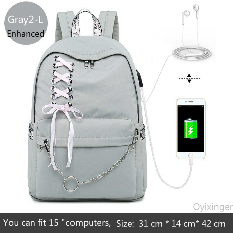 Girl Schoolbag Female Students Laptop Backpack Kids School Bags For Teenage Girls Women Gray Backpacks Mochila Escolar: Gray2-L