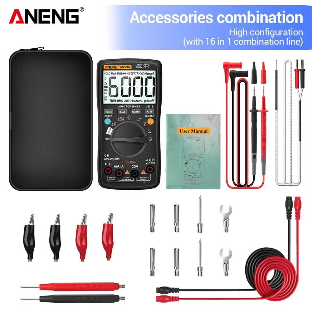 Aneng AN9002 Bluetooth Digitale Multimeter 6000 Telt Professionele Multimetrotrue Rms Ac/Dc Stroom Spanning Tester Auto-Range: AN9002 Black Pro