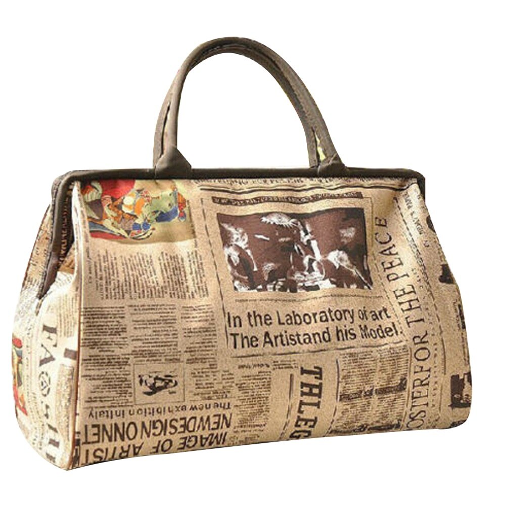 Retro Vintage Tote Handbag Large Capacity Casual Travel Newspaper Pattern Luggage Bag for Women