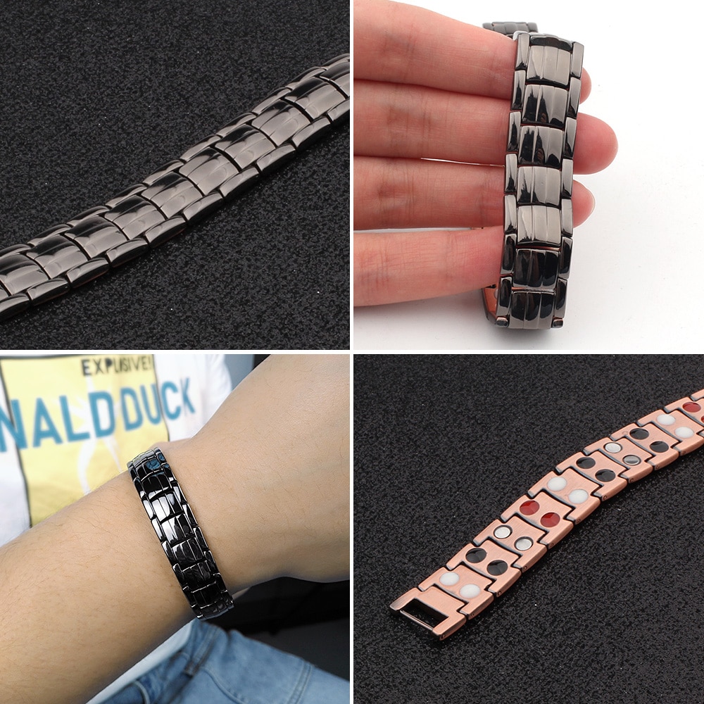 FINE4U B378 Mens Pure Copper Bracelet Double Row 4 Element Black Magnetic Health Bracelet Power Wristband