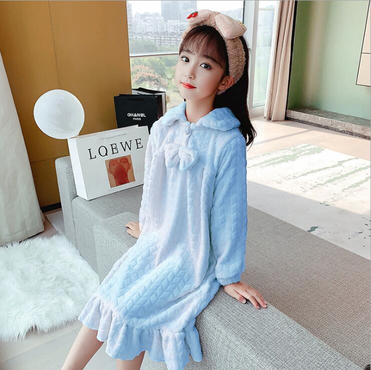 Meisjes Pyjama Jurk Herfst Winter Baby Meisjes Roze Blauw Flanel Boog Pyjama Jurken Meisje Thuis Nachtkleding Jurk Kinderen Kleding