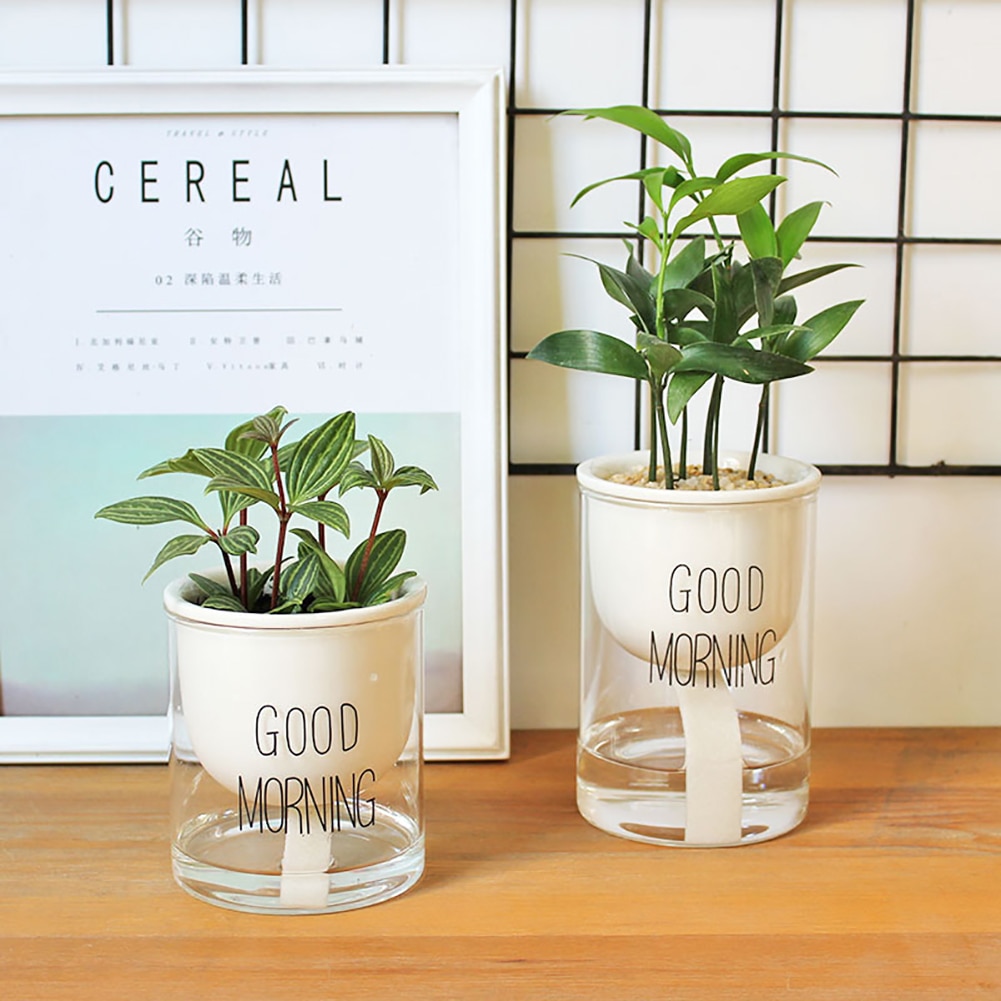 Automatic Watering Flower Pots Ceramic Succulent Plant Flower Pot with Glass Water Container Planters Flower Pots Garden Decor n