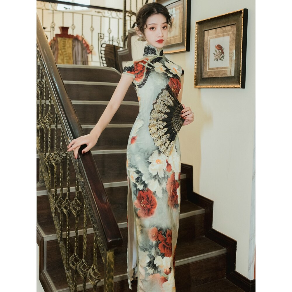 Zomer Sexy Slanke Chinese Traditionele Verbeterde Cheongsam Elegante Vintage Bloemen Lange Jurken Kleding Voor Vrouwen Qipao: XL
