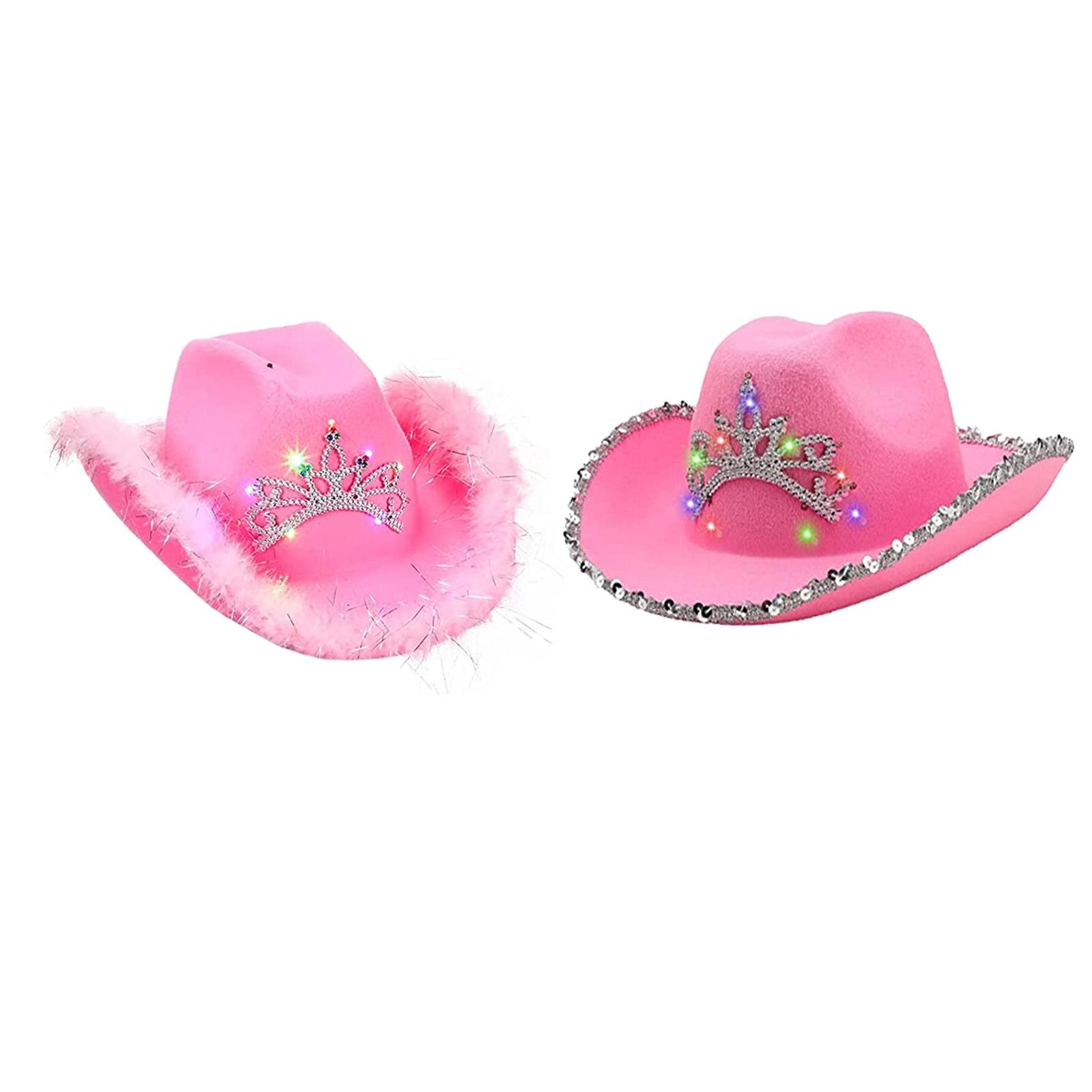Sombrero de vaquero rosa de estilo occidental para mujer, sombrero de ala ancha deformado con decoración de lentejuelas, corona, Tiara, vaquera